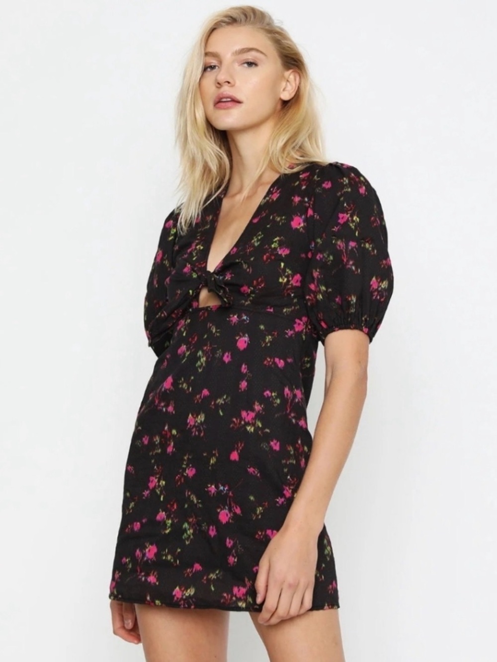 Pam & Gela Neon Ditsy Puff Sleeve Cutout Tie Front Mini Dress
